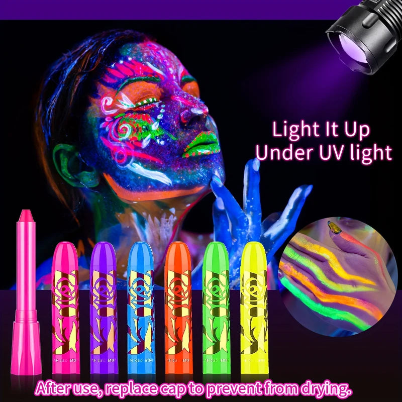 Glow in The Dark Face Paint Crayons Kit,6pcs Non-Toxic Fluorescent Face Painting Crayons,Vibrant Glow Sticks Neon Face Makeup