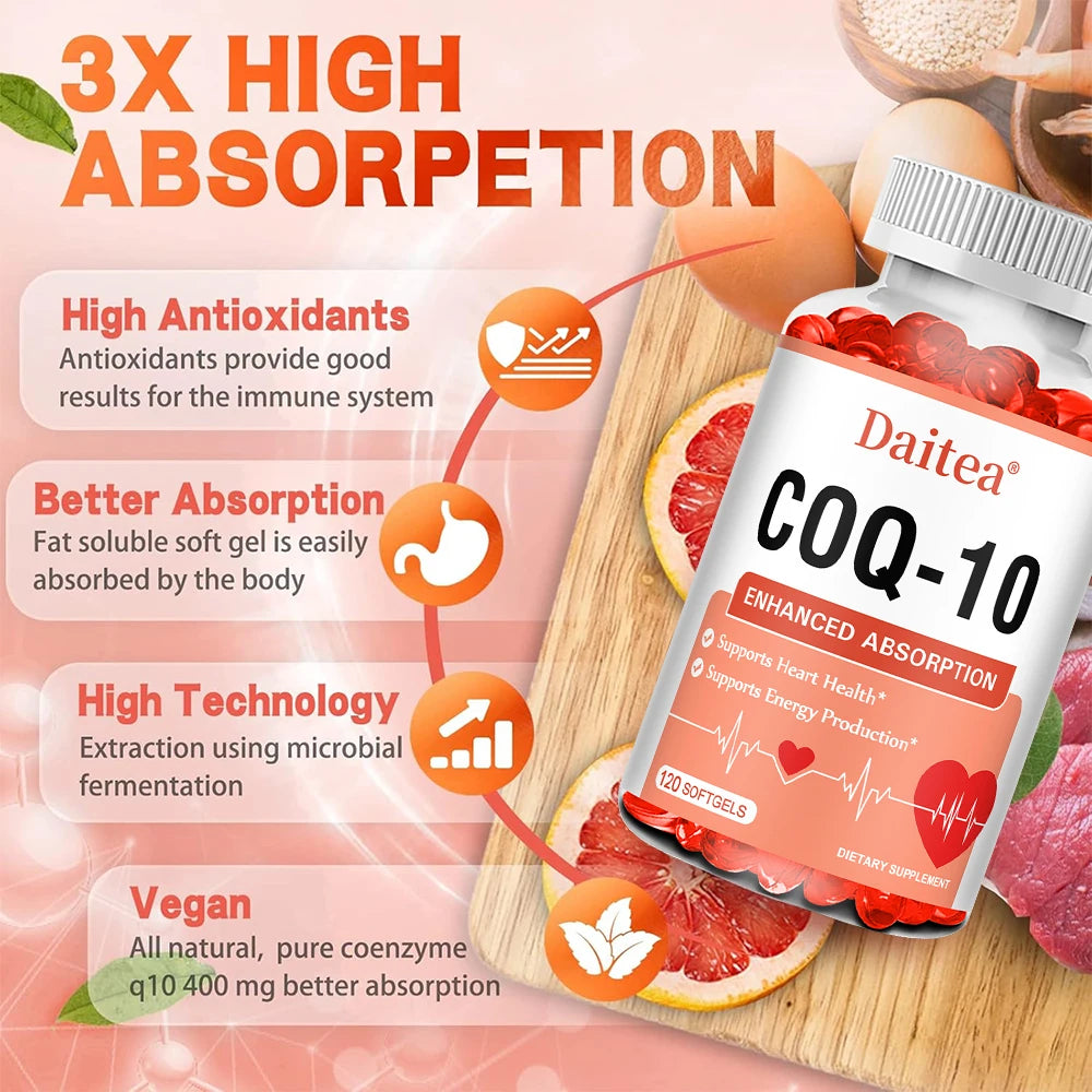 High Absorption CoQ10 400MG-Vascular and Heart Health, Energy Production - Nutritional Supplements with Coenzyme Q10, NON-GMO