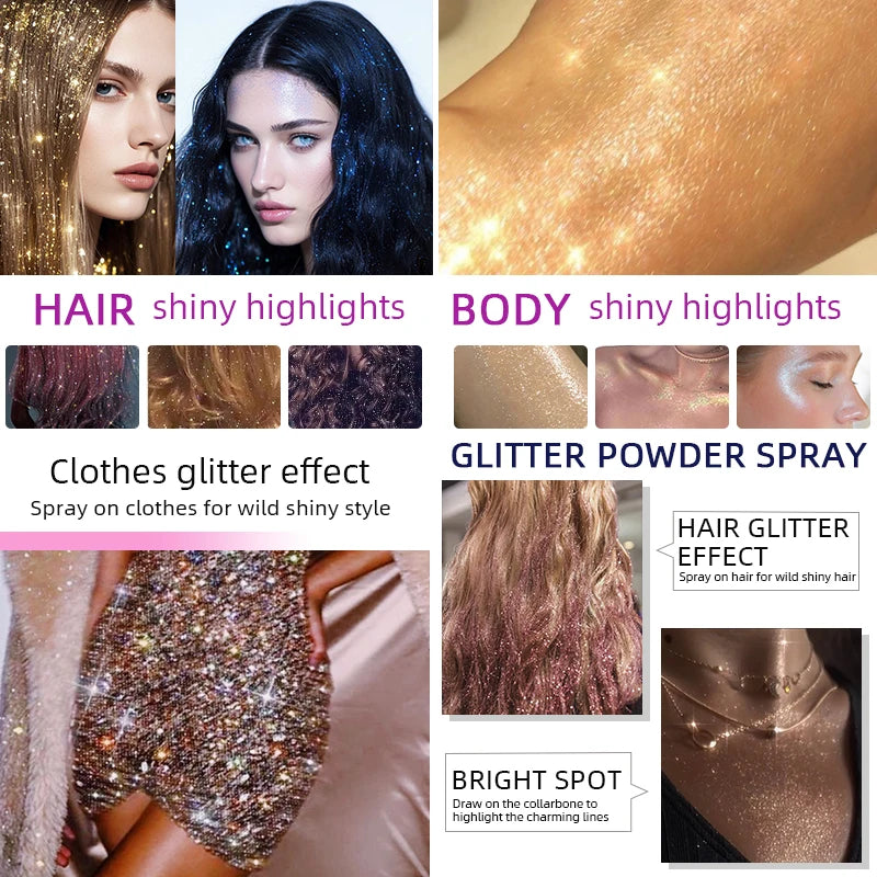 80ml Glitter Spray Makeup,Liquid Full Body Glow Body Highlighter,Multi-Use Long-Lasting Glossy for Face,Body Hair Spray Makeup