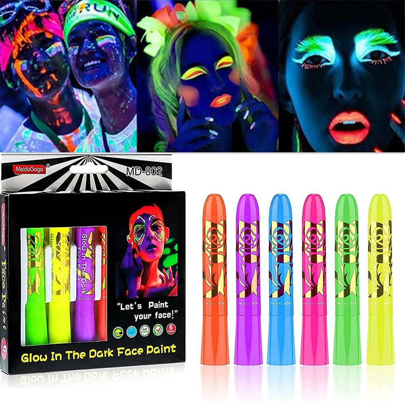 Glow in The Dark Face Paint Crayons Kit,6pcs Non-Toxic Fluorescent Face Painting Crayons,Vibrant Glow Sticks Neon Face Makeup