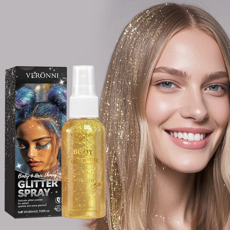 80ml Glitter Spray Makeup,Liquid Full Body Glow Body Highlighter,Multi-Use Long-Lasting Glossy for Face,Body Hair Spray Makeup