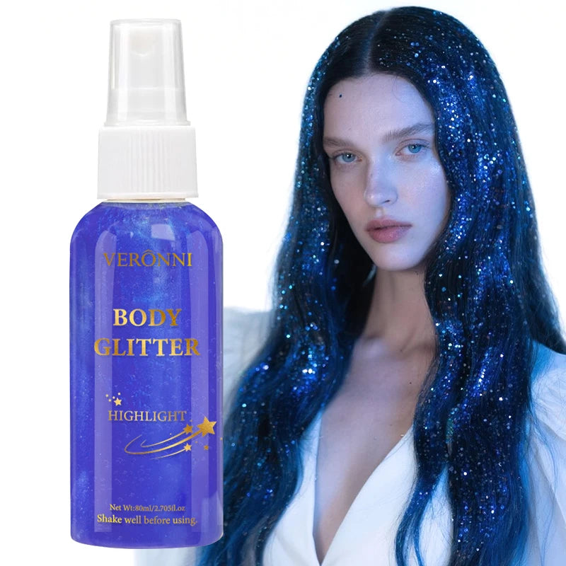 80ml Glitter Spray Makeup,Liquid Full Body Glow Body Highlighter,Multi-Use Long-Lasting Glossy for Face,Body Hair Spray Makeup