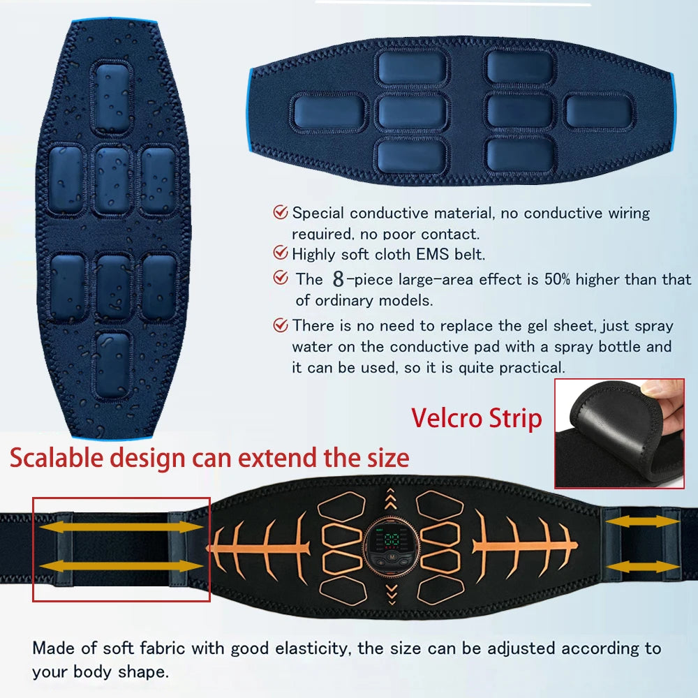 Abs Stimulator Abdominal Toning Belt EMS Muscle Stimulator Muscle Toner Training Workout Fitness Equipment Home Gym USB Charge