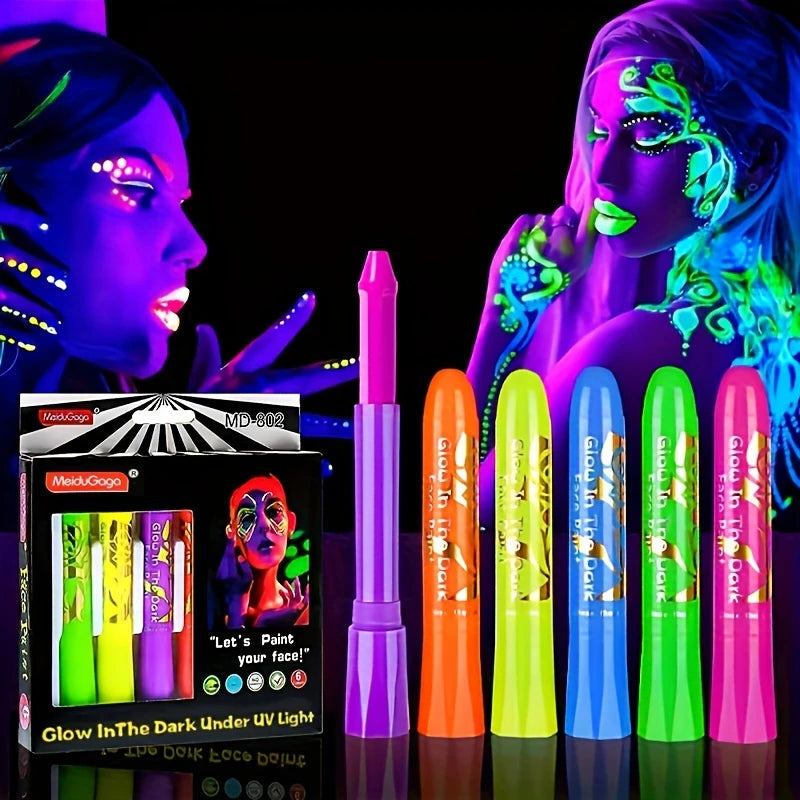 Glow in The Dark Face Paint Crayons Kit,6pcs Non-Toxic Fluorescent Face Painting Crayons,Vibrant Glow Sticks Neon Face Makeup