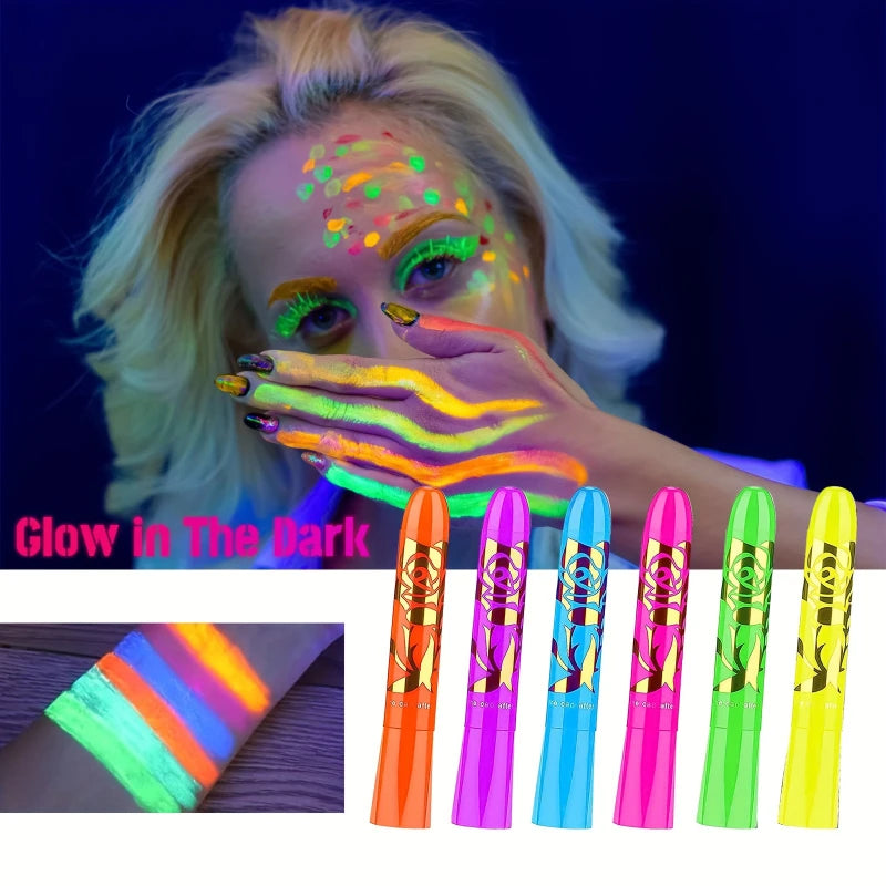 Glow in The Dark Face Paint Crayons Kit,6pcs Non-Toxic Fluorescent Face Painting Crayons,Vibrant Glow Sticks Neon Face Makeup