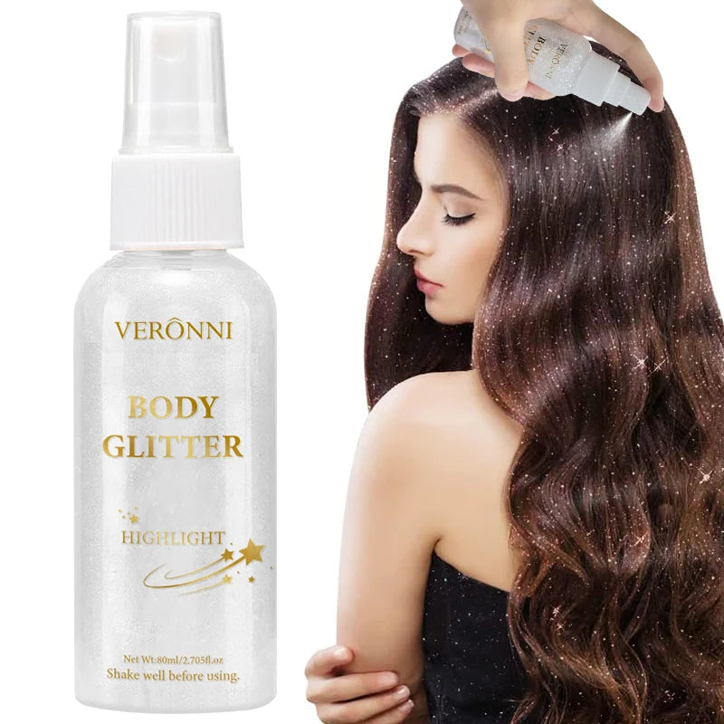 80ml Glitter Spray Makeup,Liquid Full Body Glow Body Highlighter,Multi-Use Long-Lasting Glossy for Face,Body Hair Spray Makeup