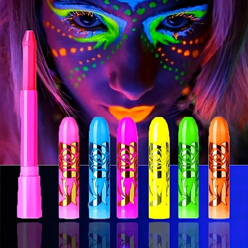 Glow in The Dark Face Paint Crayons Kit,6pcs Non-Toxic Fluorescent Face Painting Crayons,Vibrant Glow Sticks Neon Face Makeup