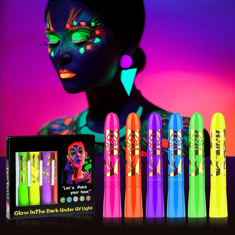 Glow in The Dark Face Paint Crayons Kit,6pcs Non-Toxic Fluorescent Face Painting Crayons,Vibrant Glow Sticks Neon Face Makeup