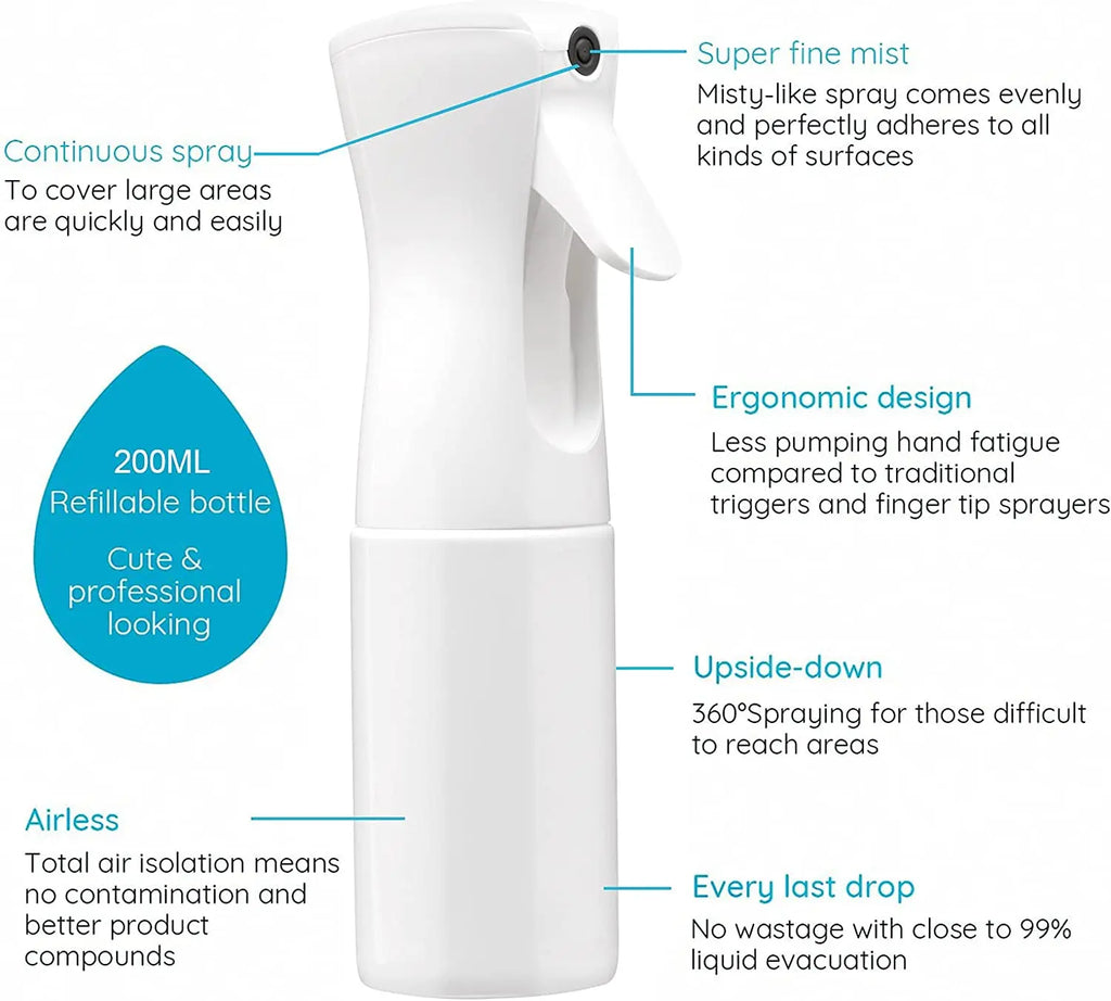 200ml Continuous Spray 360° Upside Down Fine Mist Sprayer Refillable High Pressure Water Bottle for Barber Hair Styling Salon